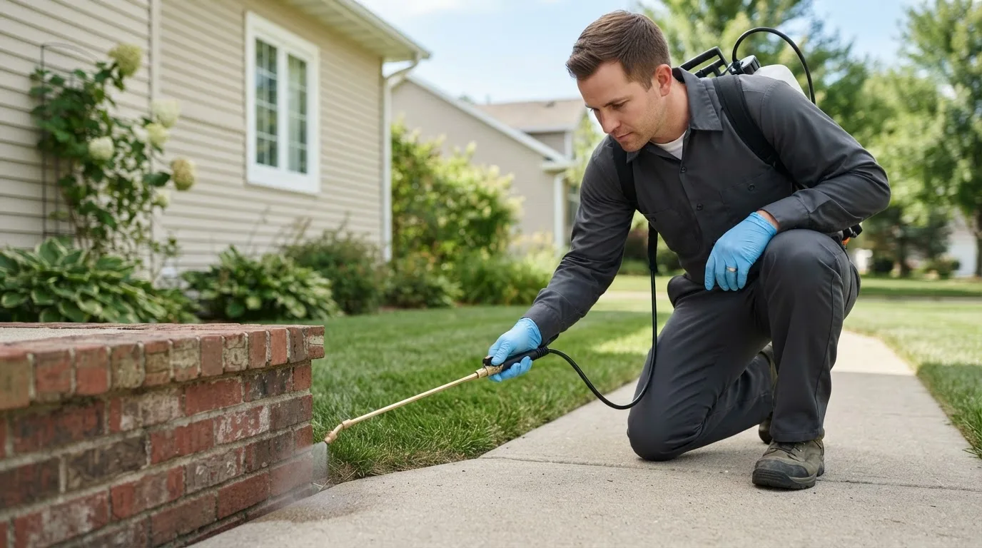 Pest control technician treating a home near Minatare, NE